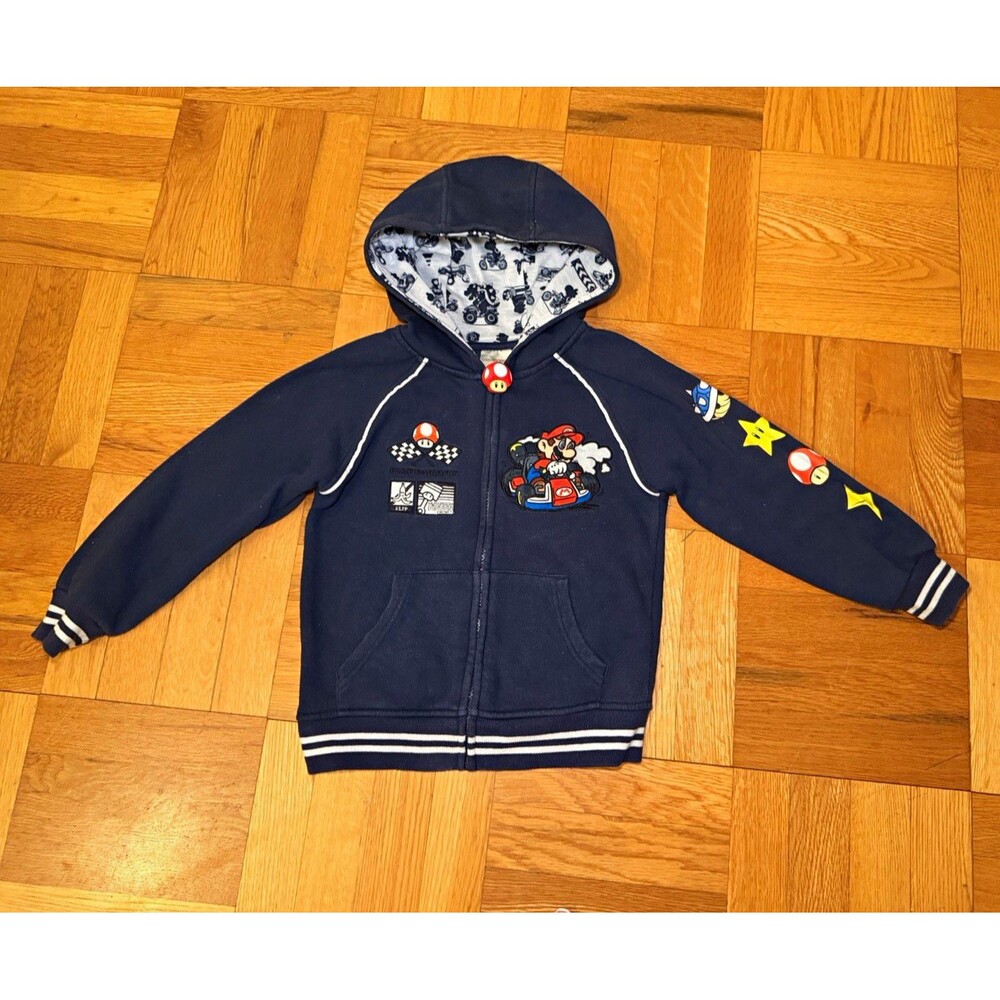 Mario Kart Boys Blue Full Zip Hoodie w/ Pockets Mario & Yoshi Sz 6